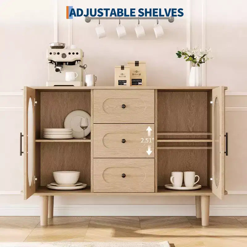GarveeHome Aparador Buffet de 47" con 2 Puertas de Vidrio Estriado y 3 Cajones, Barra de Café Acentuada de Granja Moderna con Estantes Ajustables