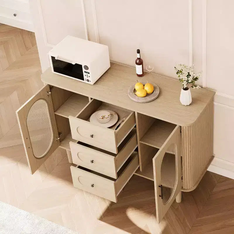 GarveeHome Aparador Buffet de 47" con 2 Puertas de Vidrio Estriado y 3 Cajones, Barra de Café Acentuada de Granja Moderna con Estantes Ajustables