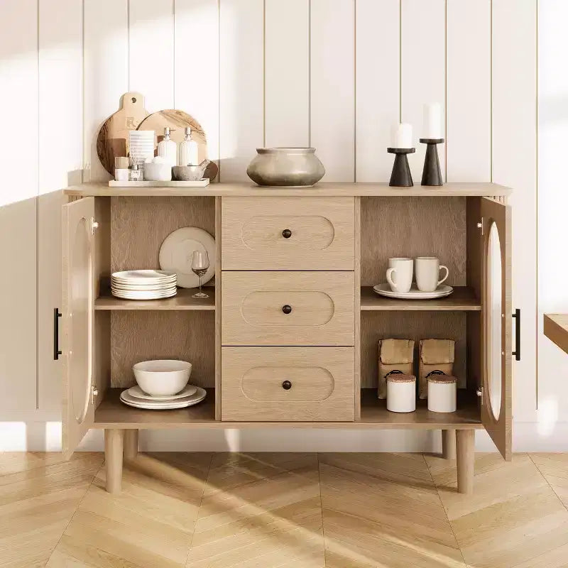 GarveeHome Aparador Buffet de 47" con 2 Puertas de Vidrio Estriado y 3 Cajones, Barra de Café Acentuada de Granja Moderna con Estantes Ajustables
