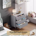 Cómoda de 3 cajones para dormitorio, mesita de noche moderna estriada con cajones profundos, cómoda con tapa ancha, organizador de madera, mesa auxiliar