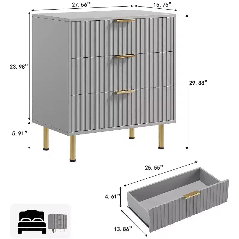 Cómoda de 3 cajones para dormitorio, mesita de noche moderna estriada con cajones profundos, cómoda con tapa ancha, organizador de madera, mesa auxiliar