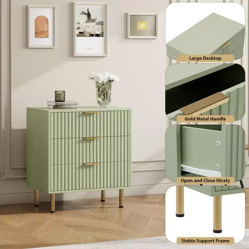 Cómoda de 3 cajones para dormitorio, mesita de noche moderna estriada con cajones profundos, cómoda con tapa ancha, organizador de madera, mesa auxiliar