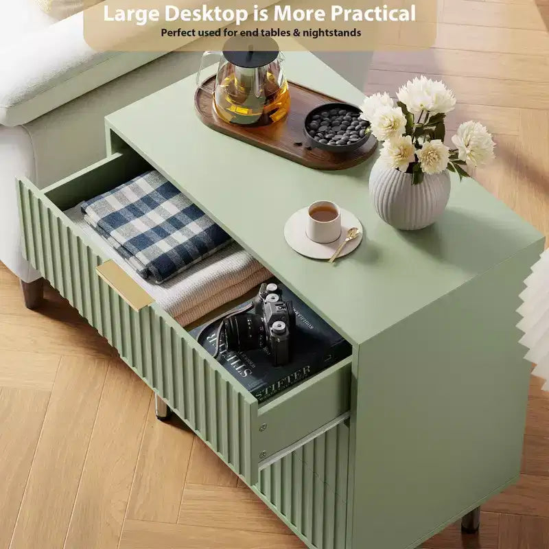 Cómoda de 3 cajones para dormitorio, mesita de noche moderna estriada con cajones profundos, cómoda con tapa ancha, organizador de madera, mesa auxiliar