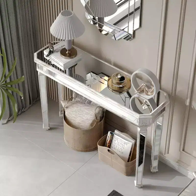 Mesa consola vintage Okak de 48 pulgadas con tallado de vetas de madera, mesa decorativa con superficie de espejo, mesa de pasillo para sala de estar, entrada