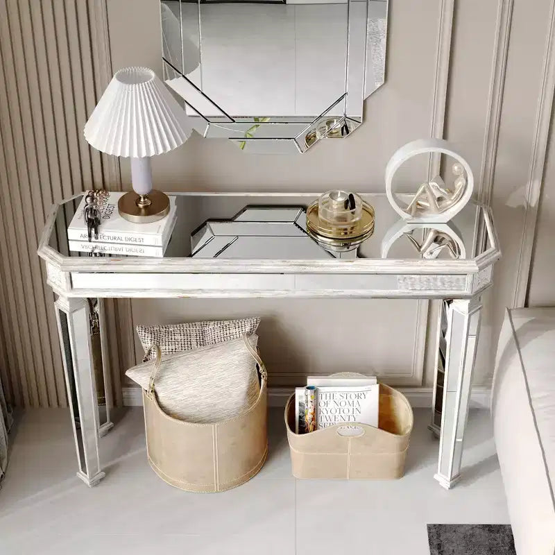 Mesa consola vintage Okak de 48 pulgadas con tallado de vetas de madera, mesa decorativa con superficie de espejo, mesa de pasillo para sala de estar, entrada