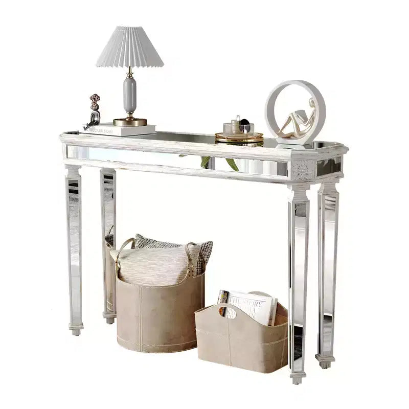 Mesa consola vintage Okak de 48 pulgadas con tallado de vetas de madera, mesa decorativa con superficie de espejo, mesa de pasillo para sala de estar, entrada