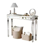 Mesa consola vintage Okak de 48 pulgadas con tallado de vetas de madera, mesa decorativa con superficie de espejo, mesa de pasillo para sala de estar, entrada