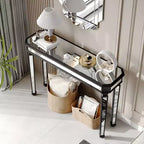 Mesa consola vintage Okak de 48 pulgadas con tallado de vetas de madera, mesa decorativa con superficie de espejo, mesa de pasillo para sala de estar, entrada