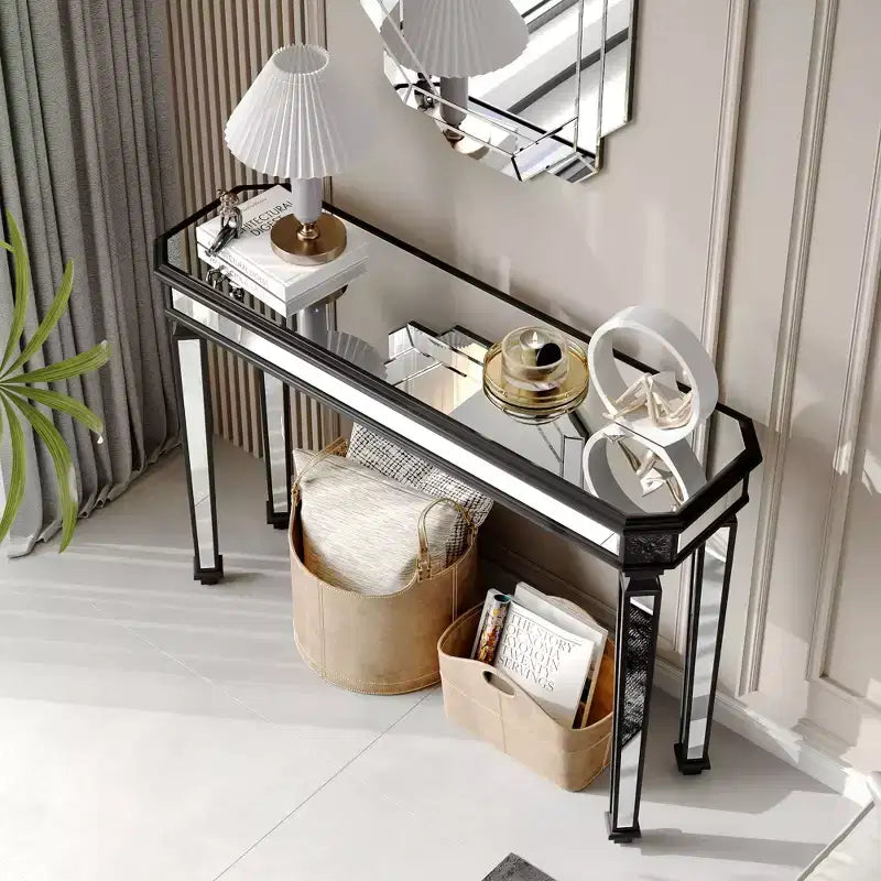 Mesa consola vintage Okak de 48 pulgadas con tallado de vetas de madera, mesa decorativa con superficie de espejo, mesa de pasillo para sala de estar, entrada