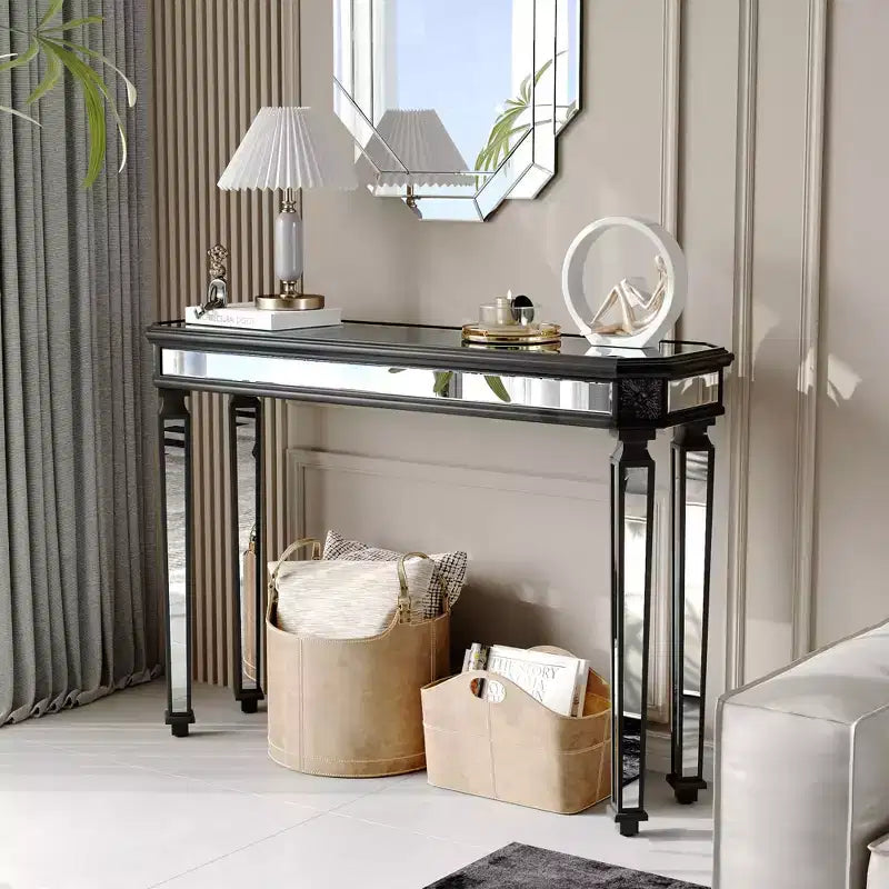 Mesa consola vintage Okak de 48 pulgadas con tallado de vetas de madera, mesa decorativa con superficie de espejo, mesa de pasillo para sala de estar, entrada