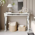 Mesa consola vintage Okak de 48 pulgadas con tallado de vetas de madera, mesa decorativa con superficie de espejo, mesa de pasillo para sala de estar, entrada