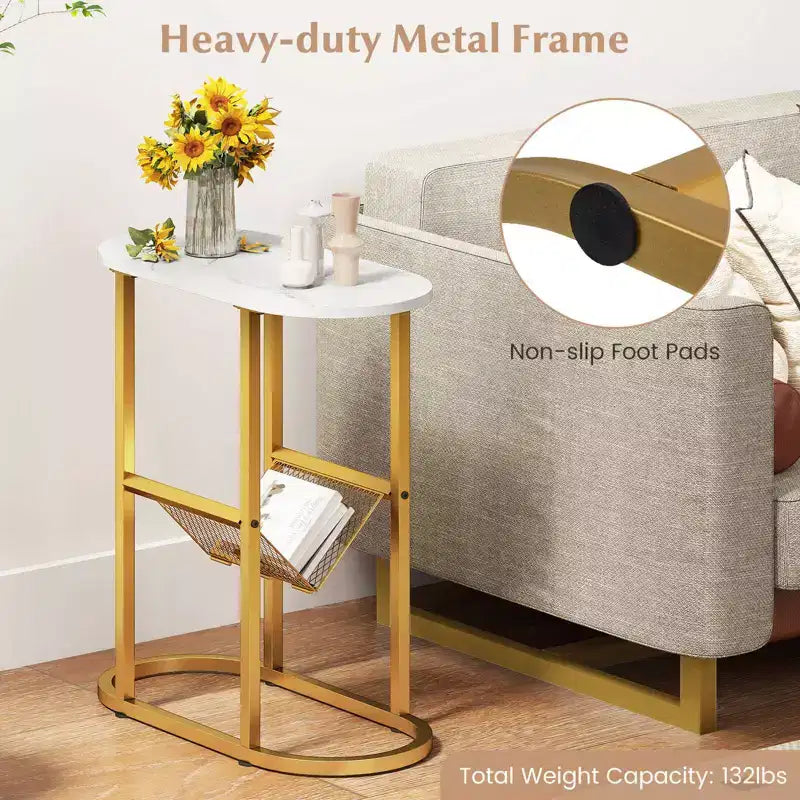 Mesa auxiliar Costway con tablero de mármol sintético y revistero, marco de metal resistente, marrón/blanco