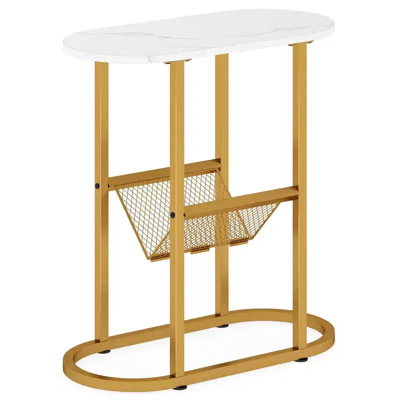 Mesa auxiliar Costway con tablero de mármol sintético y revistero, marco de metal resistente, marrón/blanco