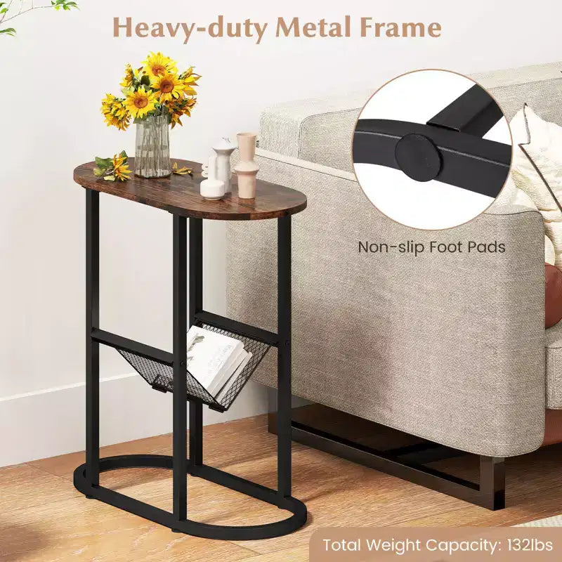 Mesa auxiliar Costway con tablero de mármol sintético y revistero, marco de metal resistente, marrón/blanco
