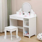 Acekool Tocador de juguete para niñas con espejo, taburete, cajón, estantes de almacenamiento, juego de mesa de maquillaje de princesa