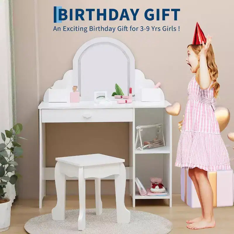 Acekool Tocador de juguete para niñas con espejo, taburete, cajón, estantes de almacenamiento, juego de mesa de maquillaje de princesa