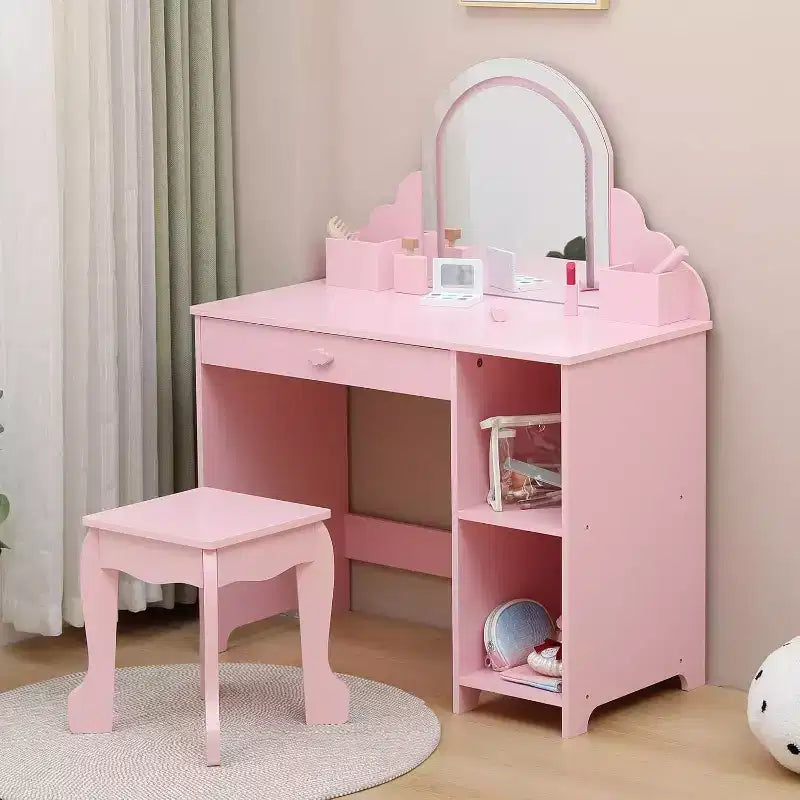 Acekool Tocador de juguete para niñas con espejo, taburete, cajón, estantes de almacenamiento, juego de mesa de maquillaje de princesa