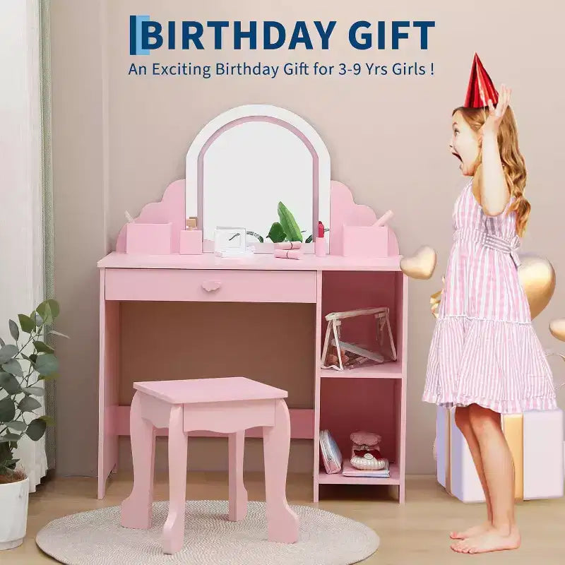 Acekool Tocador de juguete para niñas con espejo, taburete, cajón, estantes de almacenamiento, juego de mesa de maquillaje de princesa