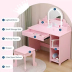 Acekool Tocador de juguete para niñas con espejo, taburete, cajón, estantes de almacenamiento, juego de mesa de maquillaje de princesa