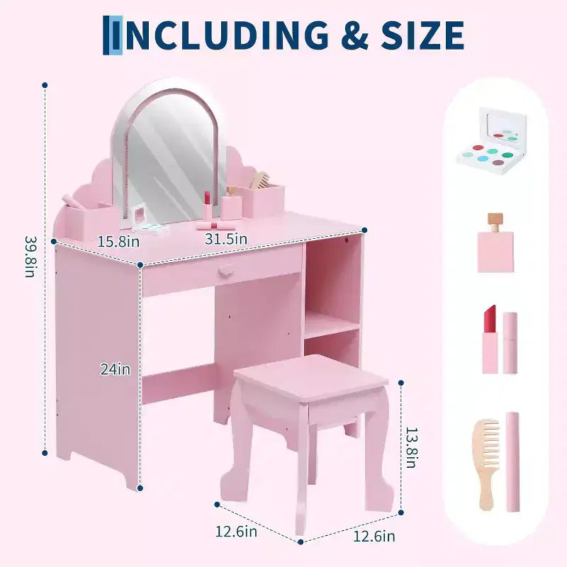 Acekool Tocador de juguete para niñas con espejo, taburete, cajón, estantes de almacenamiento, juego de mesa de maquillaje de princesa