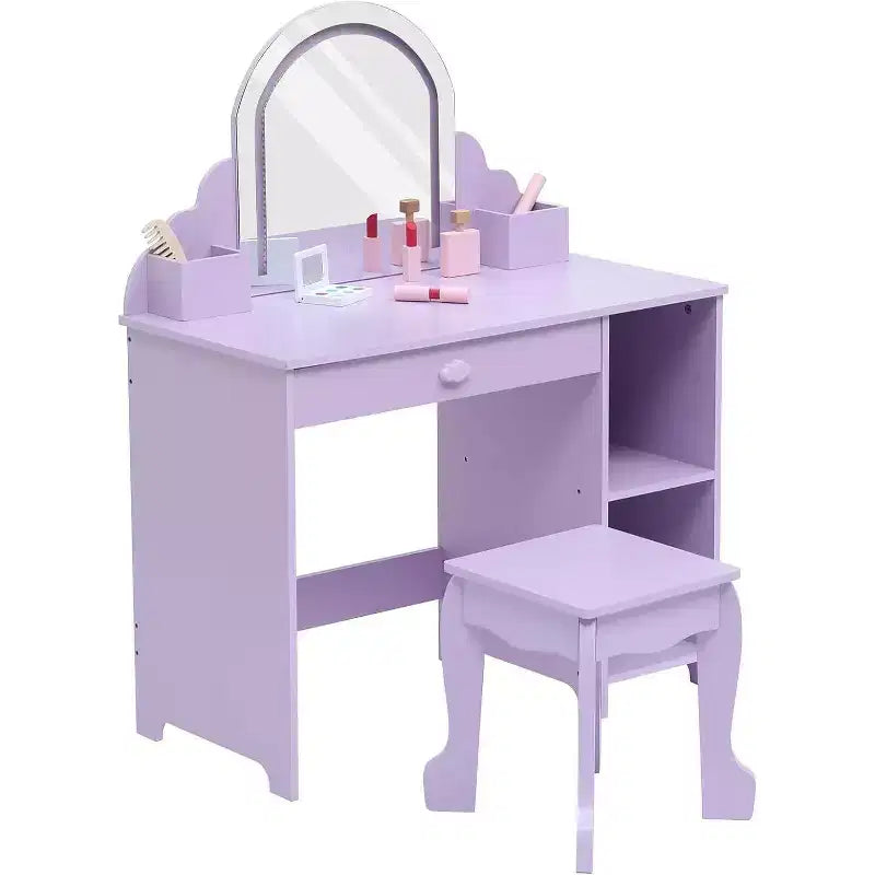 Acekool Tocador de juguete para niñas con espejo, taburete, cajón, estantes de almacenamiento, juego de mesa de maquillaje de princesa