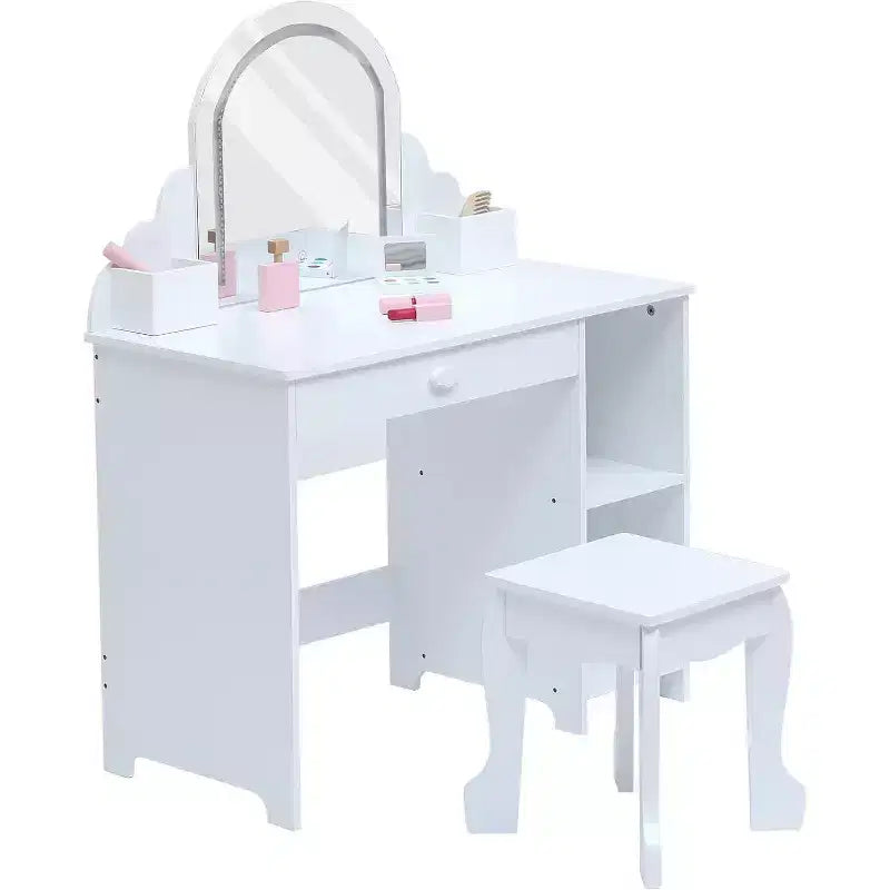 Acekool Tocador de juguete para niñas con espejo, taburete, cajón, estantes de almacenamiento, juego de mesa de maquillaje de princesa