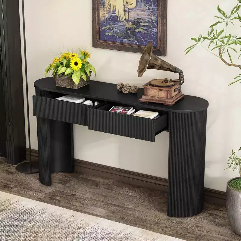Okak Mesa de Consola Moderna de 54 Pulgadas con Diseño Acanalado, Mesa de Entrada con 2 Cajones de Almacenamiento y Tapa Ovalada, Mesa Decorativa para Pasillo, Sala de Estar, Negra