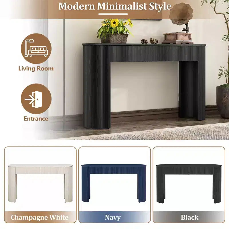 Okak Mesa de Consola Moderna de 54 Pulgadas con Diseño Acanalado, Mesa de Entrada con 2 Cajones de Almacenamiento y Tapa Ovalada, Mesa Decorativa para Pasillo, Sala de Estar, Negra