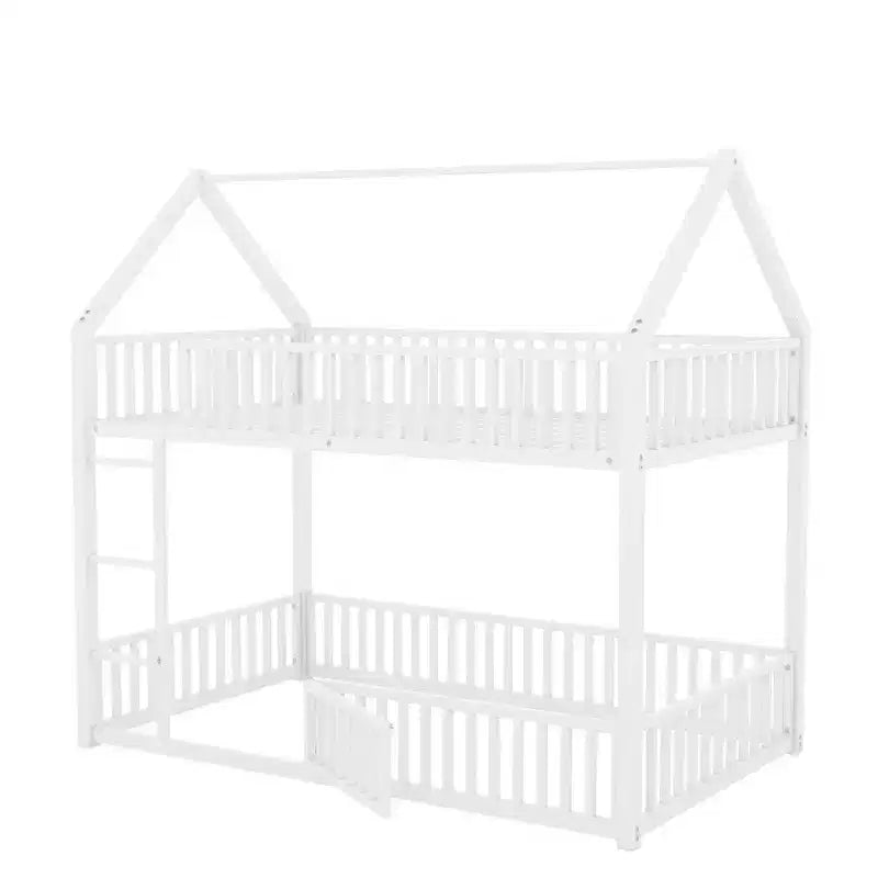 Litera metálica Okak 78IN doble sobre doble, armazones de cama con valla, puerta y barandilla de seguridad, literas infantiles para habitación infantil, dormitorio, blanco