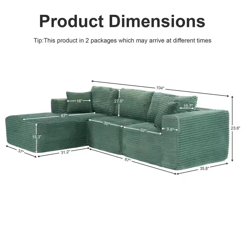 Dovelina Sofá Seccional Modular de Pana con 3 Asientos, Sofá Moderno y Cómodo Tapizado en Forma de L con Almohadas Suaves