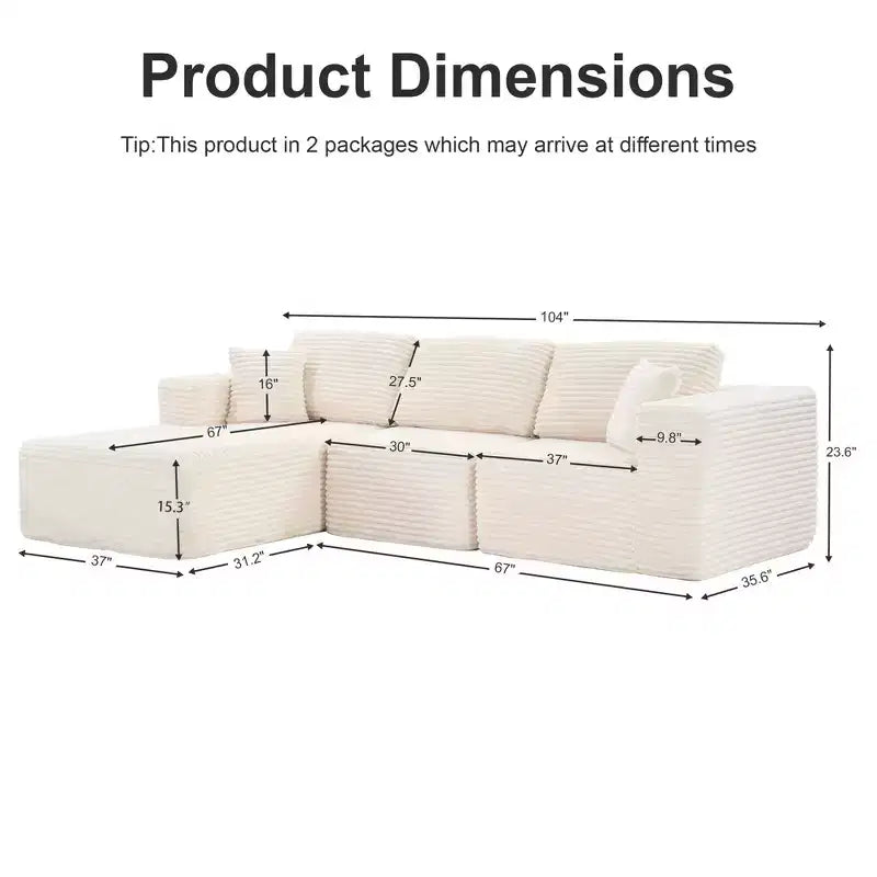 Dovelina Sofá Seccional Modular de Pana con 3 Asientos, Sofá Moderno y Cómodo Tapizado en Forma de L con Almohadas Suaves