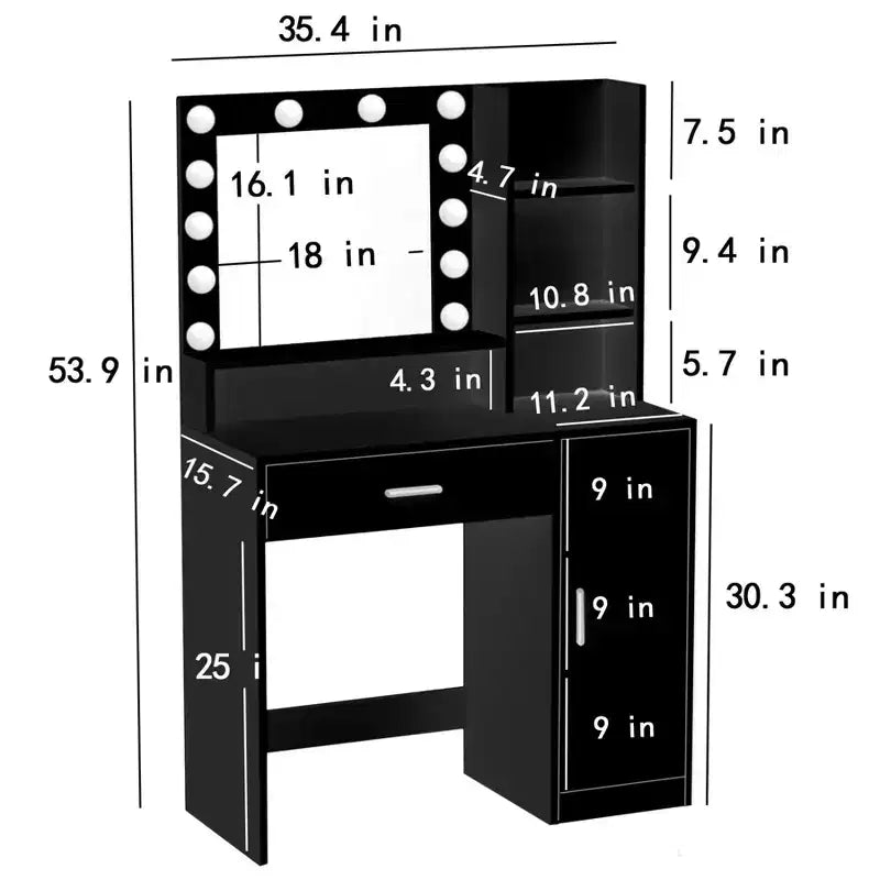 Tocador moderno Okak con espejo y luces LED ajustables, escritorio grande con tres niveles de almacenamiento, mesa de maquillaje para dormitorios