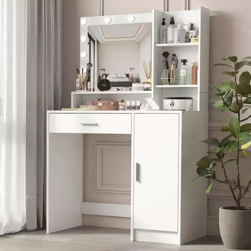 Tocador moderno Okak con espejo y luces LED ajustables, escritorio grande con tres niveles de almacenamiento, mesa de maquillaje para dormitorios