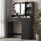 Tocador moderno Okak con espejo y luces LED ajustables, escritorio grande con tres niveles de almacenamiento, mesa de maquillaje para dormitorios