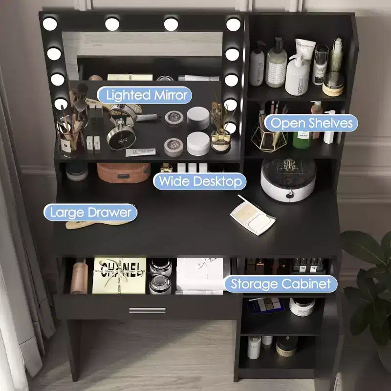 Tocador moderno Okak con espejo y luces LED ajustables, escritorio grande con tres niveles de almacenamiento, mesa de maquillaje para dormitorios