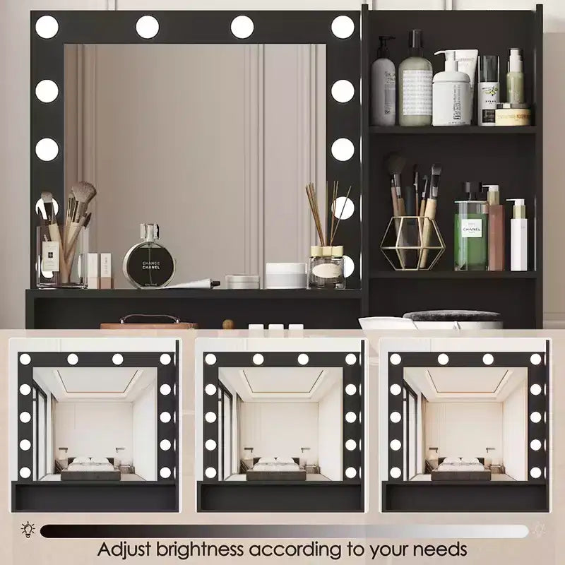 Tocador moderno Okak con espejo y luces LED ajustables, escritorio grande con tres niveles de almacenamiento, mesa de maquillaje para dormitorios