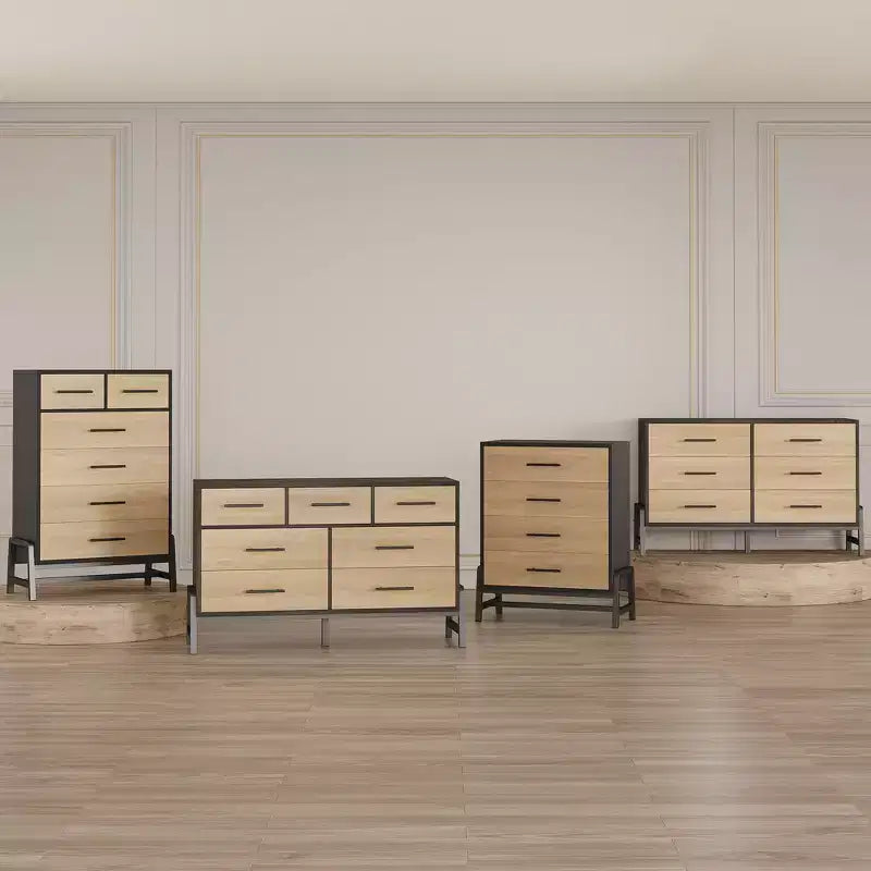 Cómoda de roble natural con 6 cajones, mueble de almacenamiento independiente (118.3 cm de alto) para dormitorio, sala de estar o entrada