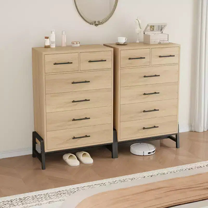 Cómoda de roble natural con 6 cajones, mueble de almacenamiento independiente (118.3 cm de alto) para dormitorio, sala de estar o entrada