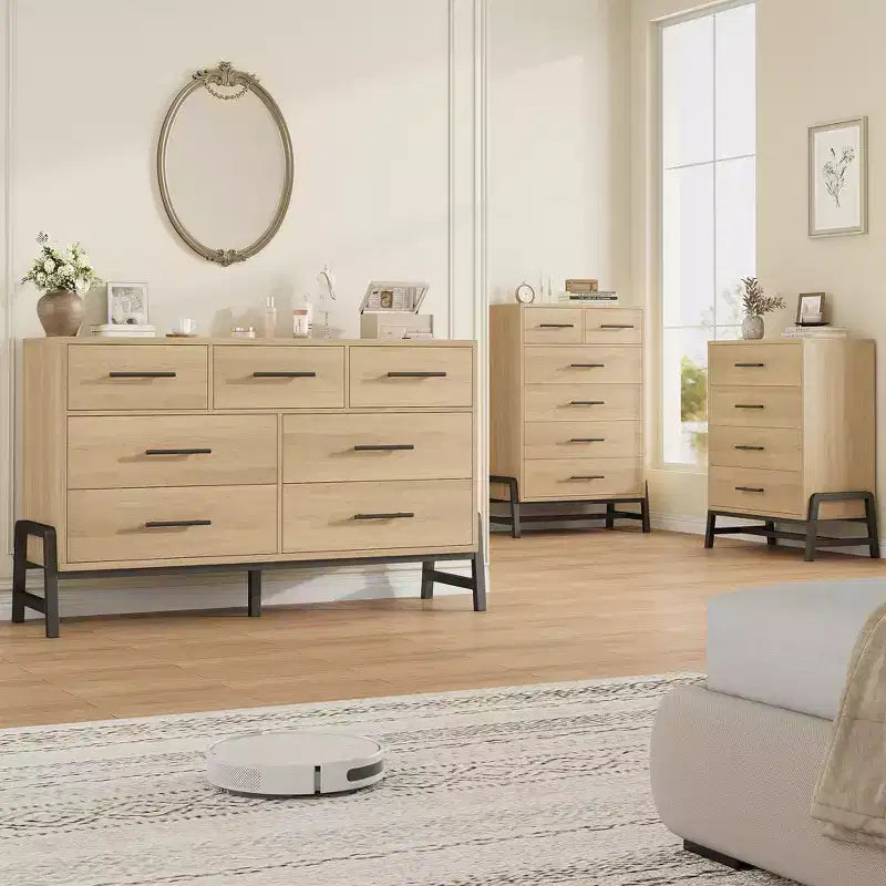 Cómoda de roble natural con 6 cajones, mueble de almacenamiento independiente (118.3 cm de alto) para dormitorio, sala de estar o entrada