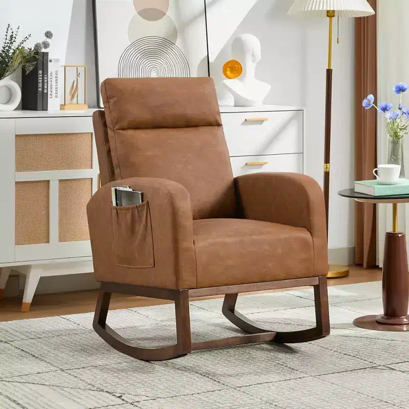 Mecedora tapizada COZONY con respaldo alto y patas de madera, cómoda mecedora de acento para guardería con bolsillo lateral para sala de estar
