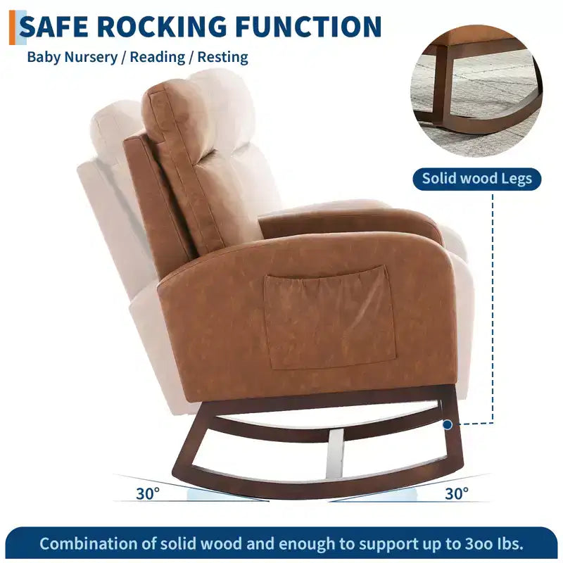 Mecedora tapizada COZONY con respaldo alto y patas de madera, cómoda mecedora de acento para guardería con bolsillo lateral para sala de estar