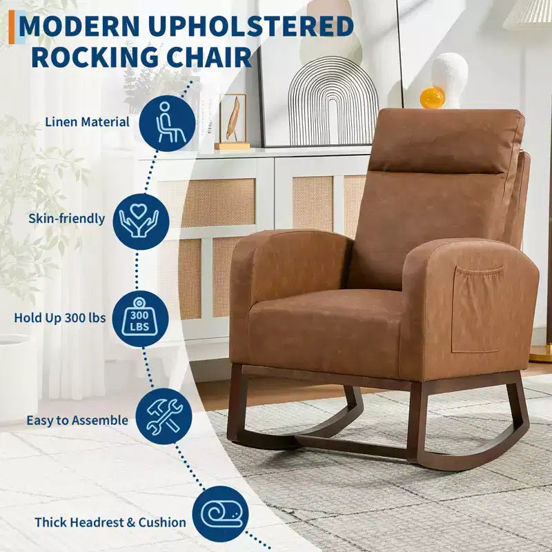 Mecedora tapizada COZONY con respaldo alto y patas de madera, cómoda mecedora de acento para guardería con bolsillo lateral para sala de estar
