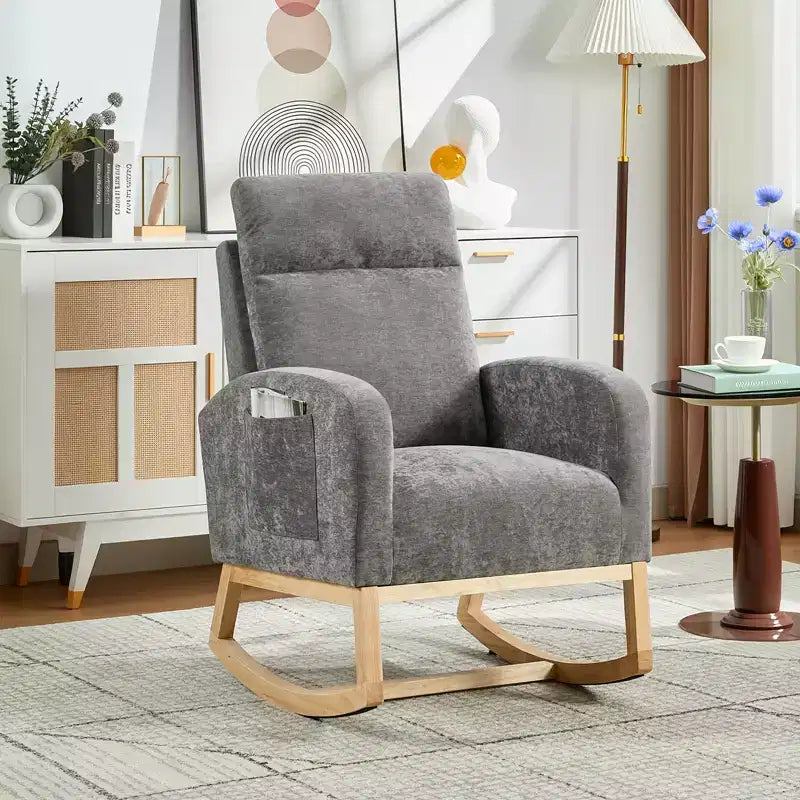 Mecedora tapizada COZONY con respaldo alto y patas de madera, cómoda mecedora de acento para guardería con bolsillo lateral para sala de estar