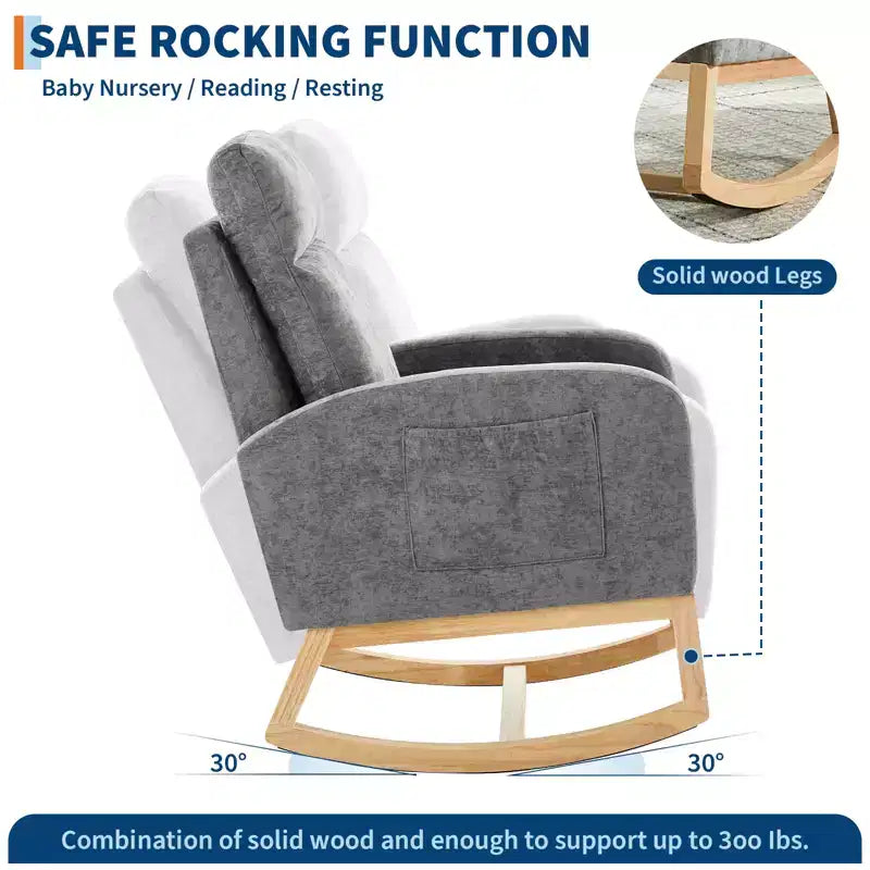 Mecedora tapizada COZONY con respaldo alto y patas de madera, cómoda mecedora de acento para guardería con bolsillo lateral para sala de estar