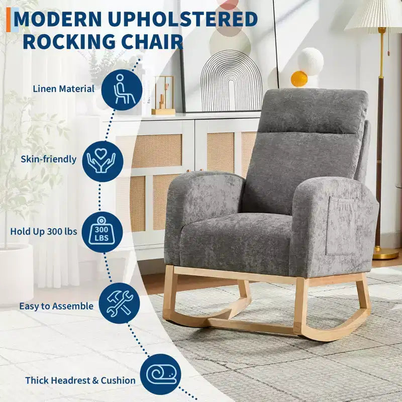 Mecedora tapizada COZONY con respaldo alto y patas de madera, cómoda mecedora de acento para guardería con bolsillo lateral para sala de estar