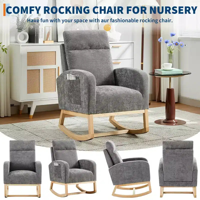 Mecedora tapizada COZONY con respaldo alto y patas de madera, cómoda mecedora de acento para guardería con bolsillo lateral para sala de estar