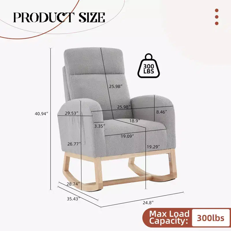 Mecedora tapizada COZONY con respaldo alto y patas de madera, cómoda mecedora de acento para guardería con bolsillo lateral para sala de estar