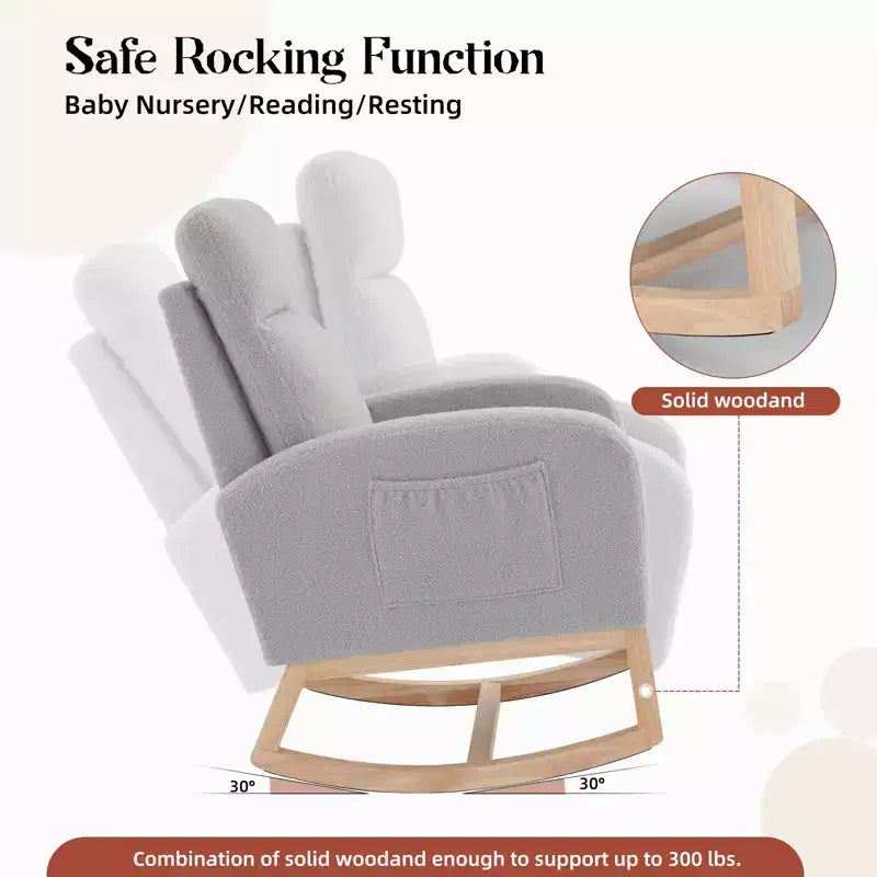 Mecedora tapizada COZONY con respaldo alto y patas de madera, cómoda mecedora de acento para guardería con bolsillo lateral para sala de estar