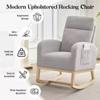 Mecedora tapizada COZONY con respaldo alto y patas de madera, cómoda mecedora de acento para guardería con bolsillo lateral para sala de estar
