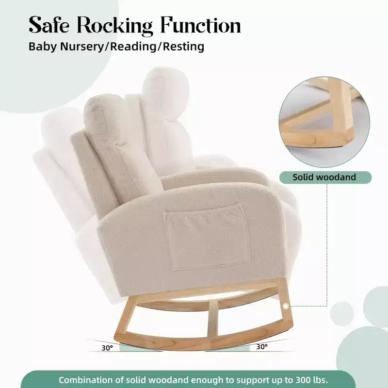 Mecedora tapizada COZONY con respaldo alto y patas de madera, cómoda mecedora de acento para guardería con bolsillo lateral para sala de estar